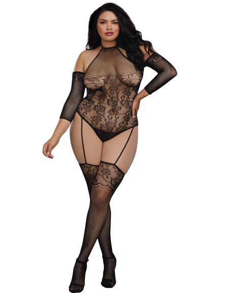 Bodystocking grande taille résille effet bas jarretelles - DG0310XBLK