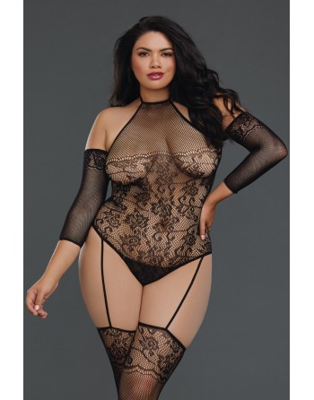 Bodystocking grande taille résille effet bas jarretelles - DG0310XBLK