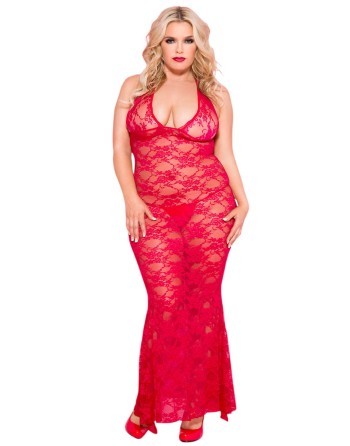 Nuisette grande taille longue rouge décolletée dentelle florale - ML53012XRED