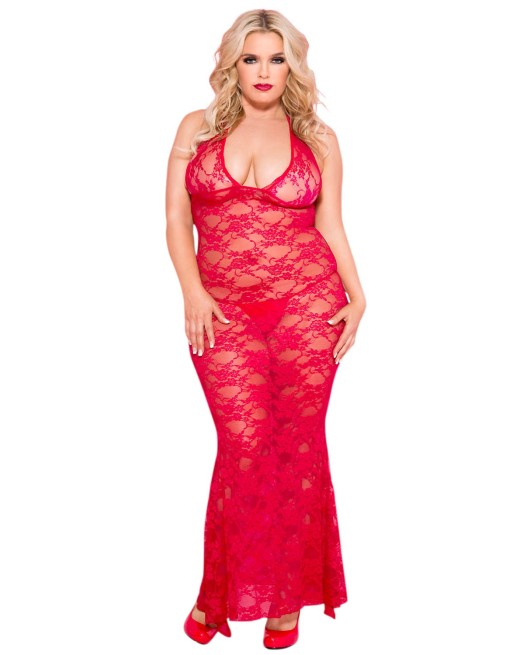 Nuisette grande taille longue rouge décolletée dentelle florale - ML53012XRED