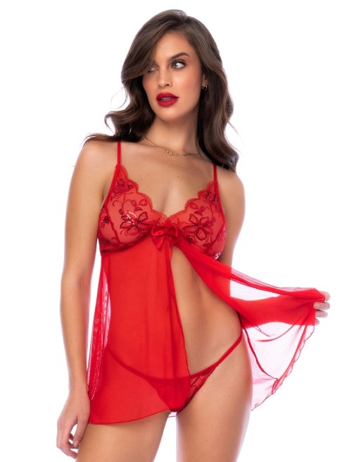 Babydoll rouge et string assorti - MAL7559RD