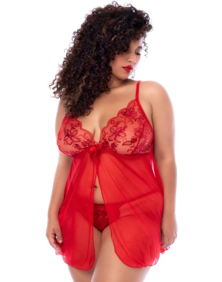 Nuisette ouverte grande taille rouge et string assorti - MAL7559XRD