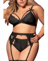 Ensemble 3 pièces noir grande taille  soutien-gorge string porte-jarretelles - MAL8221XBLK