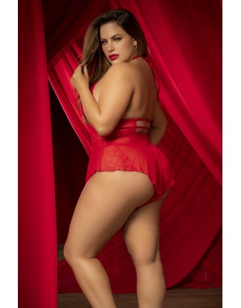 Body rouge grande taille effet babydoll et string assorti - MAL7445XRED