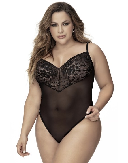 Body, grande taille, noir en dentelle et résille noire - MAL8795XBLK